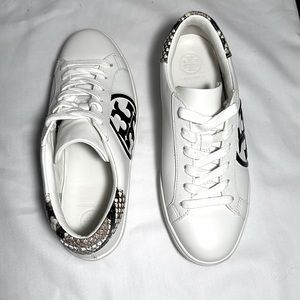 Tory Burch Women's Howell Sneakers White Leather Snakeskin Backs